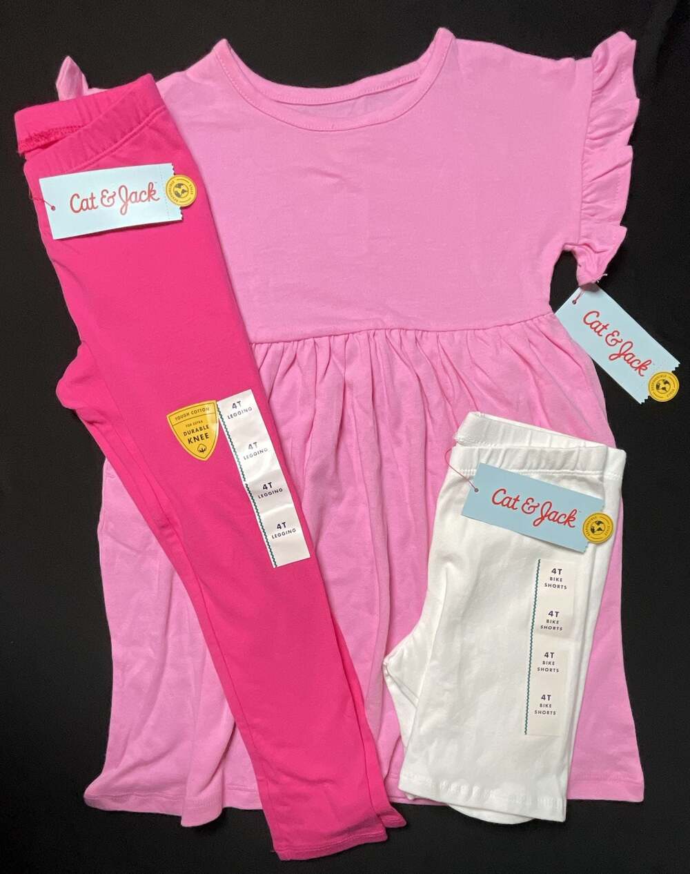 Cat & Jack Girls Pink Leggings, Pink Dress, and White Bike Shorts Set - Size 4T